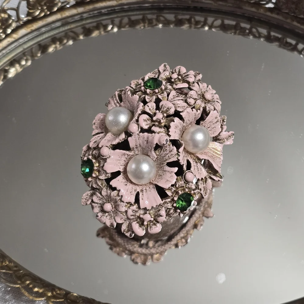 Vintage Florenza Pink Jeweled Floral Basket Trinket Box